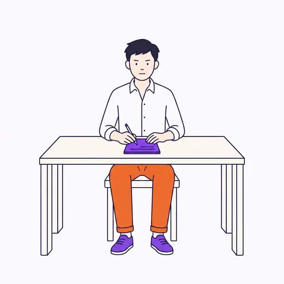 Marc assis de face à un bureau blanc, en train d'écrire une ligne sur un bloc-notes violet.