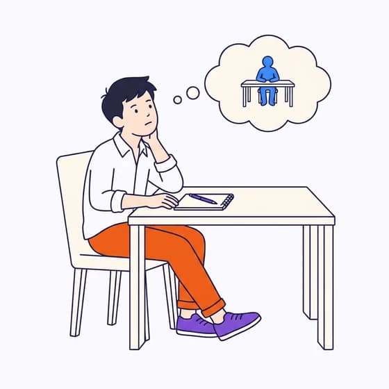 Marc assis à son bureau, la joue posée sur sa main, le regard en l'air. Dans une bulle de pensée au-dessus de lui, une personne assise derrière un bureau, celle qu'il s'apprête à affronter.
