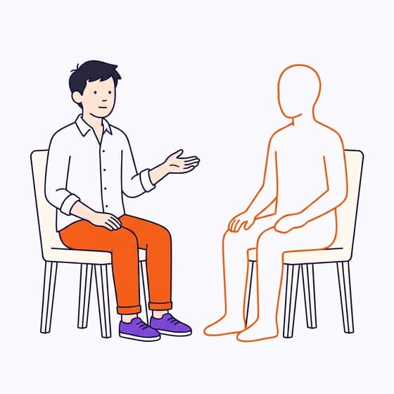 Marc assis face à la silhouette vide d'une personne, dessinée au trait orange, comme en entretien. Il est en train d'expliquer.